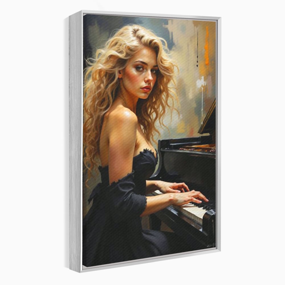 Tablou canvas cu tablou canvas cu femeie blonda la pian, in rama de aluminiu argintiu
